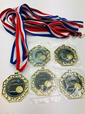 🌼4/$10🌼 NIP 5pc Volleyball Gold Award Sports Medals with Red/White/Blue Ribbon